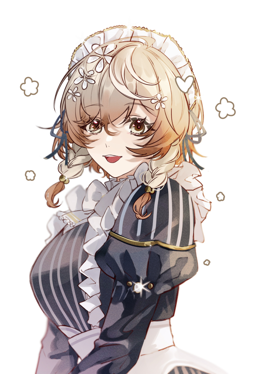 1girl absurdres braid breasts glint highres ive_(iveith) klara_charmwood large_breasts looking_at_viewer maid maid_headdress medium_hair nijisanji nijisanji_en open_mouth solo triple_ahoge twin_braids virtual_youtuber white_background yellow_eyes
