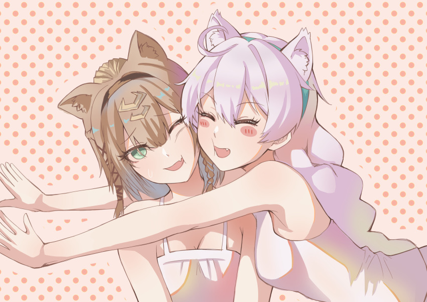 2girls absurdres ahoge animal_ear_fluff animal_ears black_hairband blue_hairband blush_stickers breasts brown_hair cat_ears cat_girl chinese_commentary cleavage commentary_request fang green_eyes hairband highres honkai_(series) honkai_impact_3rd hug kiana_kaslana long_braid long_hair medium_breasts multiple_girls one_eye_closed pardofelis polka_dot polka_dot_background raito_(280089691) shirt skin_fang tank_top very_long_hair white_hair white_shirt white_tank_top