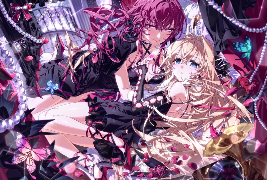 2girls ahoge armpit_crease artist_self-insert back bare_back bare_legs bare_shoulders bed black_coat black_dress black_gloves black_ribbon blonde_hair blue_eyes blurry blurry_background breasts bug butterfly cleavage closed_mouth coat coat_on_shoulders collarbone commission couple cup dress drinking_glass earrings elbow_gloves falling_petals fingerless_gloves frilled_dress frills from_above from_side glint glove_cutout gloves glowing glowing_butterfly hair_between_eyes hair_flowing_over hair_intakes hair_ribbon hand_up high_heels highres holding holding_cup honkai:_star_rail honkai_(series) huge_ahoge indoors insect jewelry kafka_(honkai:_star_rail) large_breasts light_blush light_smile long_hair looking_at_viewer looking_down looking_to_the_side low_ponytail lying m1z1xk multicolored_background multiple_girls oc_x_canon on_bed on_side on_stomach original parted_lips petals pink_lips ponytail purple_eyes purple_hair red_ribbon ribbon second-party_source string_of_pearls thighs wavy_hair yuri