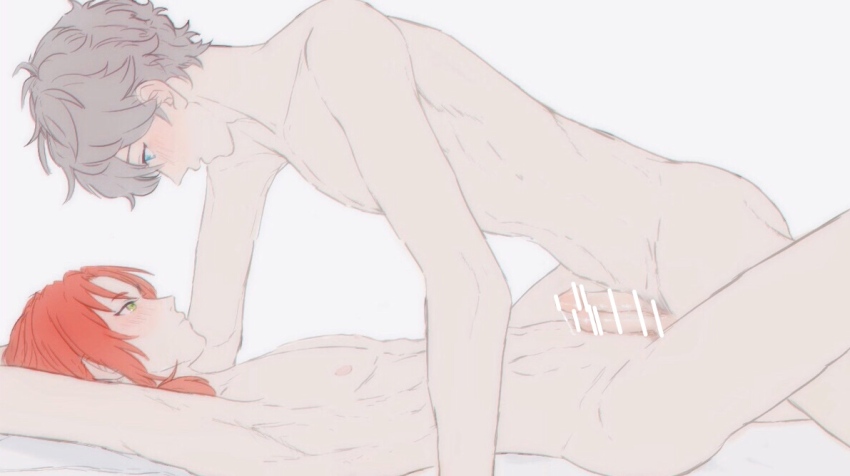 2boys blue_eyes blush ensemble_stars! eye_contact frottage green_eyes grey_hair looking_at_another male_focus multiple_boys nipples nude penis red_hair sena_izumi_(ensemble_stars!) tagme tsukinaga_leo uqkure yaoi