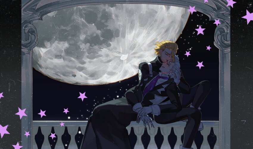 2boys almifiiiii black_pants black_suit blonde_hair claws closed_eyes coat dr._stone formal_clothes full_moon gloves highres huge_moon long_coat long_sleeves male_focus moon multiple_boys necktie night night_sky pants purple_necktie railing scar short_hair sitting sky stanley_snyder_(dr.stone) star_(sky) star_(symbol) starry_sky suit vampire white_gloves white_hair xeno_(dr.stone) yaoi