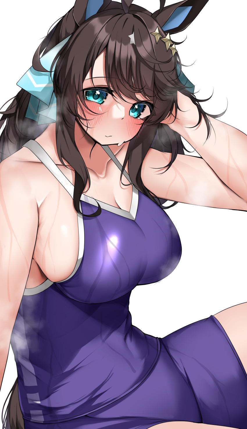 1girl absurdres animal_ears aqua_eyes bare_arms breasts brown_hair cleavage collarbone commentary_request commission covered_navel daring_tact_(umamusume) hair_ornament hair_ribbon hand_in_own_hair head_tilt highres horse_ears horse_girl horse_tail kshimu large_breasts long_hair nontraditional_school_swimsuit ribbon school_swimsuit simple_background sitting skeb_commission solo star_(symbol) star_hair_ornament sweat swimsuit tail thighs tracen_swimsuit umamusume wet white_background