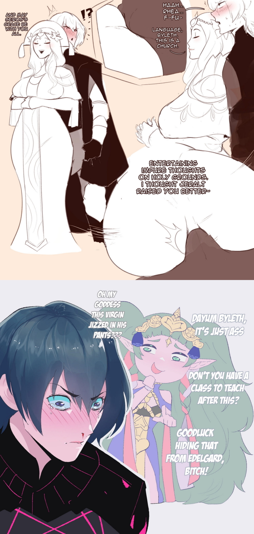 1boy 1girl absurdres ass blood blush breasts bulge bullying buttjob buttjob_over_clothes male_byleth_(fire_emblem) closed_eyes crying crying_with_eyes_open cum cum_in_clothes english_text erection erection_under_clothes fire_emblem fire_emblem:_three_houses hetero highres huge_ass humiliation large_breasts lip_biting mocking nintendo nosebleed nyantcha open_mouth penis rhea_(fire_emblem) sothis_(fire_emblem) sweat tears teasing through_clothes wide_hips
