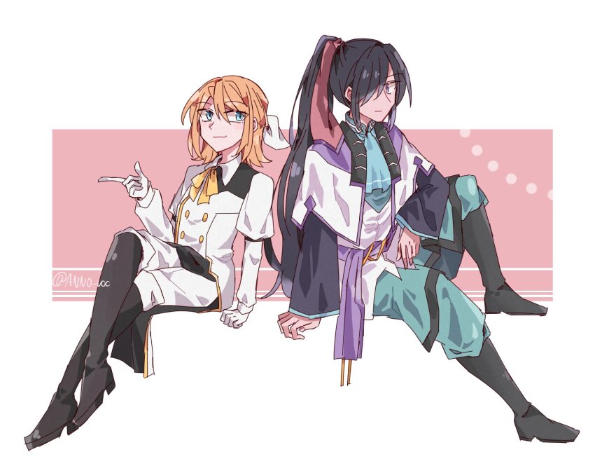 :3 alternate_hair_color anno_voc aqua_ascot aqua_eyes aqua_pants arm_rest black_footwear black_hair blonde_hair boots bow bowtie buttons capelet chaban_capriccio_(vocaloid) collared_shirt crossed_legs cummerbund double-breasted evillious_nendaiki formal_clothes gammon_octo gloves hair_bow hair_over_one_eye highres jacket kagamine_rin kamui_gakupo knee_boots lilith_baldured long_hair long_sleeves pants ponytail puffy_sleeves purple_capelet purple_eyes shirt sidelocks sitting smile suit swept_bangs very_long_hair vocaloid waitress white_bow white_gloves white_jacket white_pants white_suit yellow_bow yellow_bowtie
