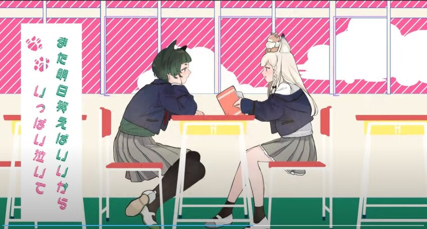 2girls animal animal_ear_fluff animal_ears animal_on_head animare awase_kazuwara black_jacket black_pantyhose black_socks book braid chair classroom cloud commentary_request desk dog dog_ears dog_girl full_body grey_skirt hand_in_own_hair hashiba_natsumi_(animare) holding holding_book jacket long_hair looking_at_another mary_janes multiple_girls nanashi_inc. on_head open_mouth pantyhose pleated_skirt profile school_chair school_desk shiromiya_mimi shirt shoes short_bangs short_hair side_braid sitting skirt smile socks translation_request virtual_youtuber white_footwear white_hair white_shirt