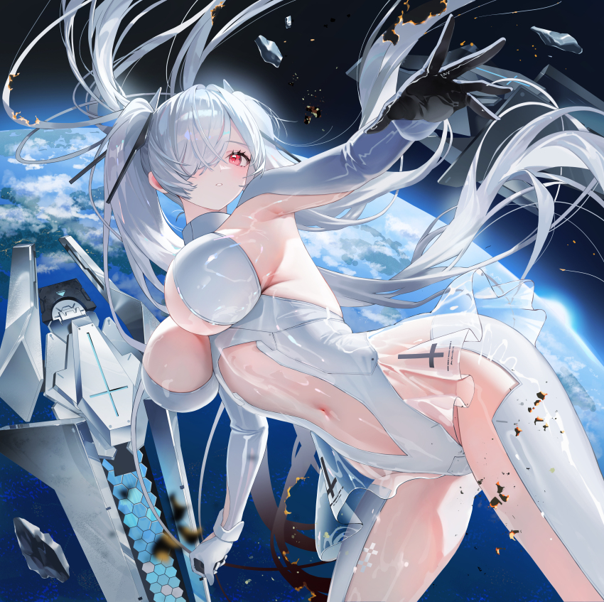 1girl absurdres bodysuit breasts burning cinderella_(nikke) clothing_cutout commentary_request earth_(planet) floating floating_object floating_weapon goddess_of_victory:_nikke hair_over_one_eye highres korean_commentary large_breasts lilovitt long_hair navel planet reaching red_eyes see-through_clothes see-through_skirt shards skirt solo space stomach_cutout thighs twintails weapon white_bodysuit white_hair