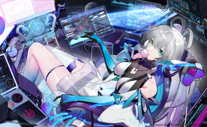 1girl absurdres bare_shoulders blowing_bubble_gum blowing_bubbles blue_gloves boots breasts chair chewing_gum copyright_notice dress elbow_gloves feet_out_of_frame gloves green_eyes grey_hair hair_rings highres holographic_interface holographic_monitor holographic_touchscreen indoors looking_at_viewer low_twintails luo_tianyi medium_breasts official_art on_chair see-through_clothes see-through_dress short_dress single_boot sitting sleeveless sleeveless_dress solo space spacecraft_interior thigh_boots twintails vocaloid vsinger_(vocaloid) white_dress window