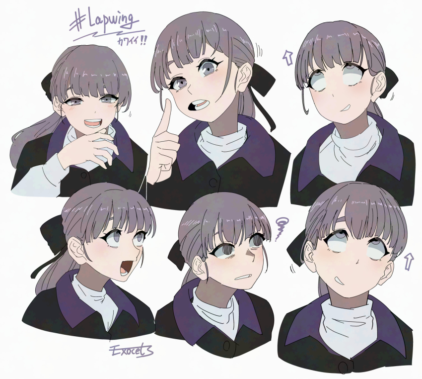 1girl black_ribbon black_shawl blush brown_hair character_name derivative_work empty_eyes exocet_(exocet4) hair_ribbon half-closed_eyes highres lapwing_(vrchat) laughing looking_at_viewer looking_up multiple_expressions multiple_views open_mouth ponytail purple_eyes ribbon rolling_eyes screenshot_redraw shawl squiggle teeth vrchat