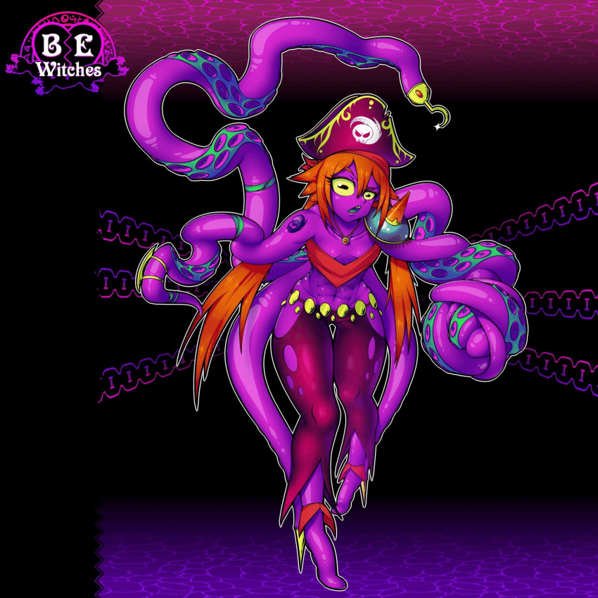 1girl abs animated animated_gif armor be_witches breast_expansion breasts cleavage colored_sclera colored_skin covered_erect_nipples female_focus full_body gigantic_breasts hat highres hook huge_breasts jewelry large_breasts long_hair looking_at_viewer necklace octopus official_art orange_hair pirate_hat purple_skin sharp_teeth shoulder_armor small_breasts solo tattoo teeth tentacles thigh_gap yellow_sclera