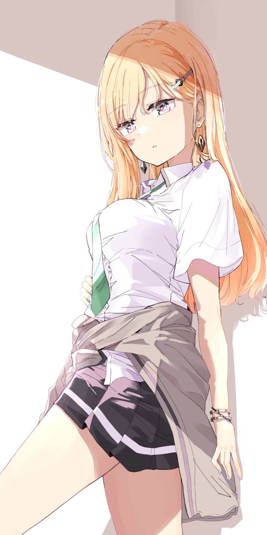 1girl against_wall arm_support ayase_saki black_skirt blonde_hair blue_nails bracelet breasts brown_cardigan cardigan cardigan_around_waist clothes_around_waist collared_shirt commentary cowboy_shot dress_shirt earrings gimai_seikatsu green_necktie gyaru hair_ornament hairclip hand_on_own_stomach highres jewelry long_hair nail_polish necktie necktie_overhang nyoijizai parted_lips pink_eyes pleated_skirt shirt short_sleeves single_horizontal_stripe skirt solo white_shirt