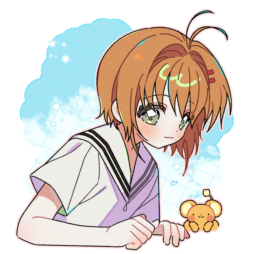 1girl 1other antenna_hair blue_sky blush_stickers brown_hair cardcaptor_sakura cloud dot_nose eyelashes green_eyes hair_ornament hairclip highres kero_(cardcaptor_sakura) kinomoto_sakura looking_at_viewer sailor_collar school_uniform short_hair short_sleeves sky smile summer_uniform tomoeda_elementary_school_uniform upper_body white_sailor_collar yalmyu