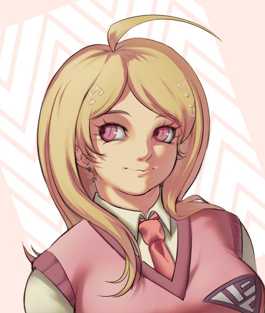 1girl ahoge akamatsu_kaede blonde_hair breasts closed_mouth collared_shirt danganronpa_(series) danganronpa_v3:_killing_harmony dante_vntnv earrings grey_background highres jewelry large_breasts long_hair necktie pink_eyes pink_necktie pink_sweater_vest portrait shirt sideways_glance smile solo sweater_vest white_background white_shirt