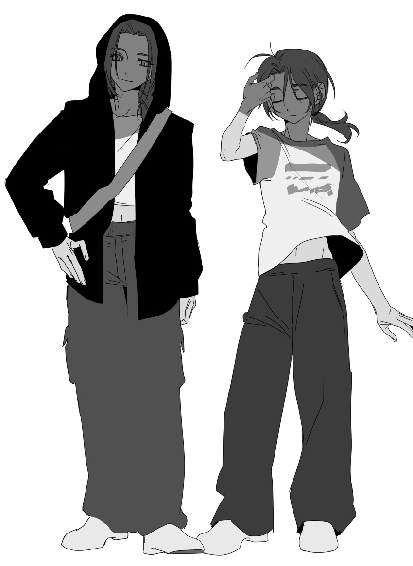 2girls absurdres chinese_commentary commentary_request friendly_rivalry full_body greyscale hand_on_own_hip highres hood hood_up hoodie long_hair long_sleeves low_ponytail molu_stranger monochrome multiple_girls pants ponytail shirt short_sleeves woo_seul-gi yoo_je-i