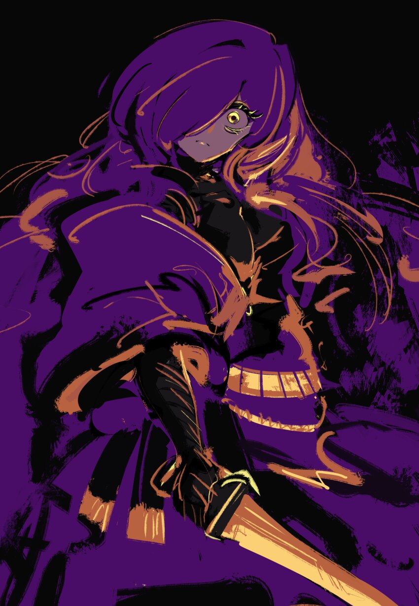 absurdres black_background centurii-chan hair_over_one_eye highres holding holding_sword holding_weapon limited_palette looking_at_viewer original praetorian_(centurii-chan) purple_hair sword weapon