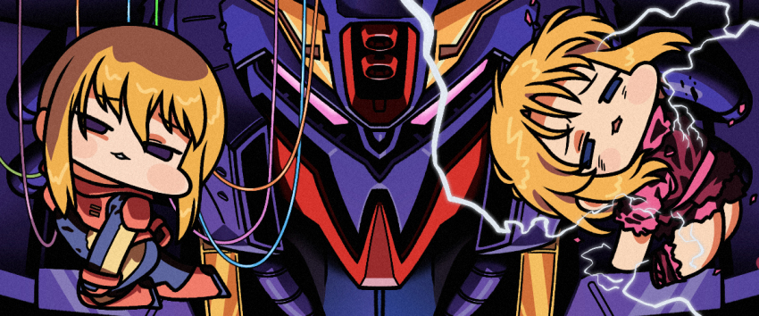 2girls black_bodysuit blonde_hair blue_eyes blush_stickers bodysuit cable chibi clone commentary electricity elpeo_puru furrowed_brow gundam gundam_zz hair_between_eyes half-closed_eyes jazz_jack looking_at_viewer mecha mecha_pilot_suit mobile_suit multiple_girls normal_suit_(gundam) parted_lips pink_eyes pink_shirt pink_shoes pink_shorts psyco_gundam_mk_ii purple_eyes puru_two robot science_fiction shirt shoes shorts v-fin zero_gravity