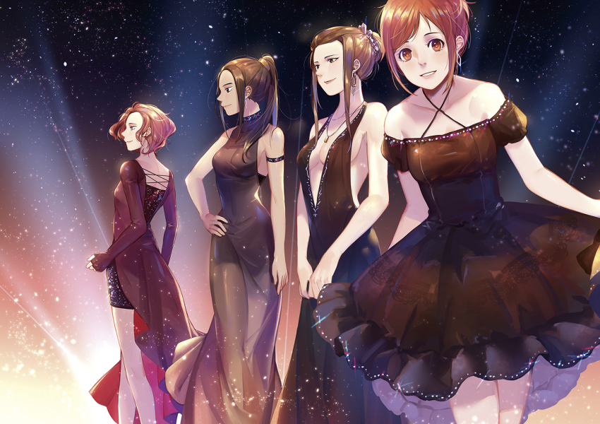 4girls bad_id bad_pixiv_id black_dress black_hair blue_eyes breasts brown_eyes brown_hair cleavage dress earrings hair_bun hand_on_own_hip jewelry medium_breasts mila_babicheva multiple_girls necklace nishigoori_yuuko okukawa_minako petals ponytail purple_eyes red_hair sara_crispino sideboob single_hair_bun smile yuri!!!_on_ice yuyu_(yuyudesu0806)