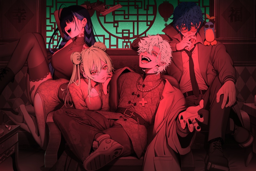 2boys 2girls aqua_eyes black_nails breasts brown_hair china_dress chinese_clothes cigarette couch cross cross_necklace crossed_legs double_bun dress enigma_(nijisanji) fangs furen_e_lustario gun hair_bun hair_over_one_eye handgun highres holding holding_gun holding_weapon jewelry kuzuha_(nijisanji) large_breasts leos_vincent long_hair looking_at_viewer maou_(demonlord) meloco_kyoran multiple_boys multiple_girls necklace nijisanji nijisanji_en on_couch parted_lips pill pointy_ears purple_eyes purple_hair red_eyes short_hair sitting smoking snake_tattoo sunglasses tattoo thighhighs virtual_youtuber weapon white_hair