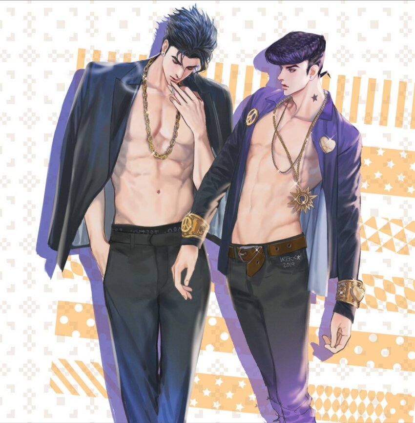 2boys abs belt black_hair bracelet brown_belt chain character_request cigarette cowboy_shot hand_in_pocket higashikata_josuke highres holding holding_cigarette jacket jacket_on_shoulders jewelry jojo_no_kimyou_na_bouken multiple_boys pendant pompadour short_hair signature sparkle vrekx_x