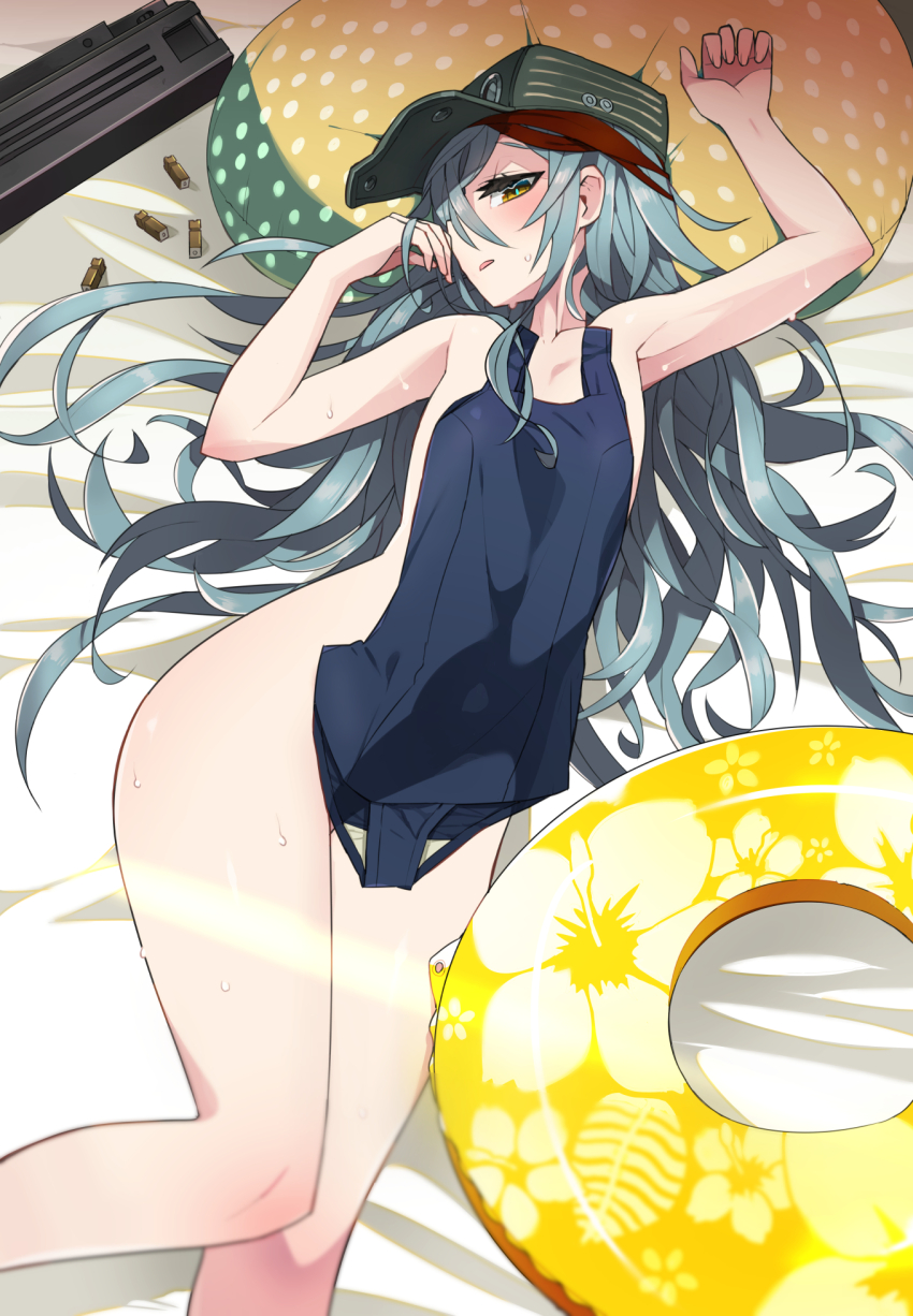1girl 4.73x33mm_caseless 4.73x33mm_dm11_caseless ammunition armpits assault_rifle blue_hair brown_eyes bullpup cartridge caseless_ammunition caseless_firearm commentary_request covering_privates dynamit_nobel_(company) external_propellant_caseless_ammunition feet_out_of_frame flat_chest g11_(girls&#039;_frontline) girls&#039;_frontline green_hat gun gunpowder h&amp;k_g11 hair_between_eyes hat high-capacity_magazine high_ignition_temperature_propellant highres horizontal_magazine innertube kometsubu lmg_cartridge long_hair lying nude_cover on_back one-piece_swimsuit prototype_design rifle rifle_cartridge single-stack_magazine solid_propellant solo supersonic_ammunition sweat swim_ring swimsuit telescoped_ammunition thighs unworn_swimsuit weapon yellow_innertube
