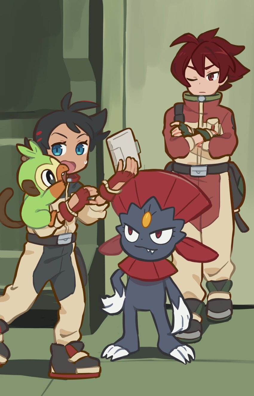 2boys antenna_hair belt belt_buckle black_hair blue_eyes buckle closed_mouth commentary creatures_(company) crossed_arms fingerless_gloves game_freak gen_4_pokemon gen_8_pokemon gloves goh_(pokemon) grookey highres holding male_focus multiple_boys nintendo one_eye_closed open_mouth pokemon pokemon_(anime) pokemon_(creature) pokemon_journeys quillon_(pokemon) red_eyes red_gloves red_hair shoes short_hair shuan_0420 standing sweatdrop symbol-only_commentary weavile