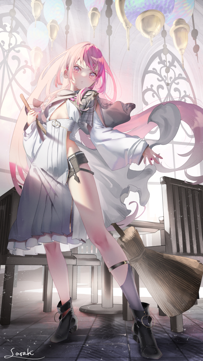 1girl bamboo_broom black_boots boots breasts broom closed_mouth commentary_request dress grey_socks highres holding holding_broom indoors long_hair long_sleeves looking_at_viewer nail_polish original pink_hair pleated_dress puffy_long_sleeves puffy_sleeves purple_nails red_eyes saraki signature sleeves_past_wrists small_breasts socks solo standing v-shaped_eyebrows very_long_hair white_dress window
