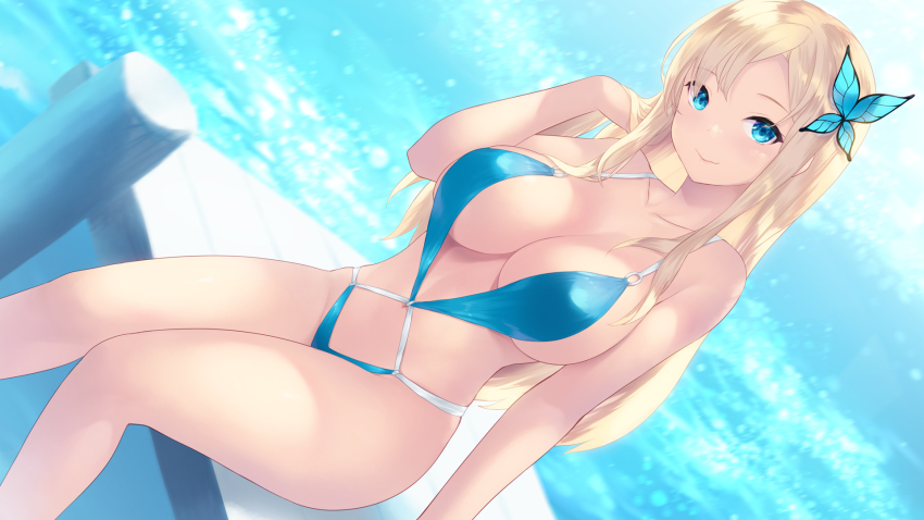 1girl bare_shoulders blonde_hair blue_eyes boku_wa_tomodachi_ga_sukunai breasts butterfly_hair_ornament cait_aron cleavage closed_mouth collarbone feet_out_of_frame hair_ornament hand_in_own_hair highres kashiwazaki_sena large_breasts long_hair looking_at_viewer monokini navel outdoors sideboob sitting smile swimsuit thighs water