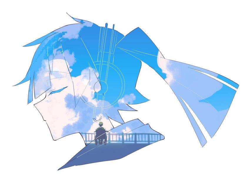 1boy 1girl blue_sky blunt_bangs blunt_ends cardigan cloud cloudy_sky day double_exposure enomoto_takane green_cardigan headphones highres kagerou_project kokonose_haruka outdoors railing shibainu_illust sky summertime_record_(vocaloid) wheelchair white_background