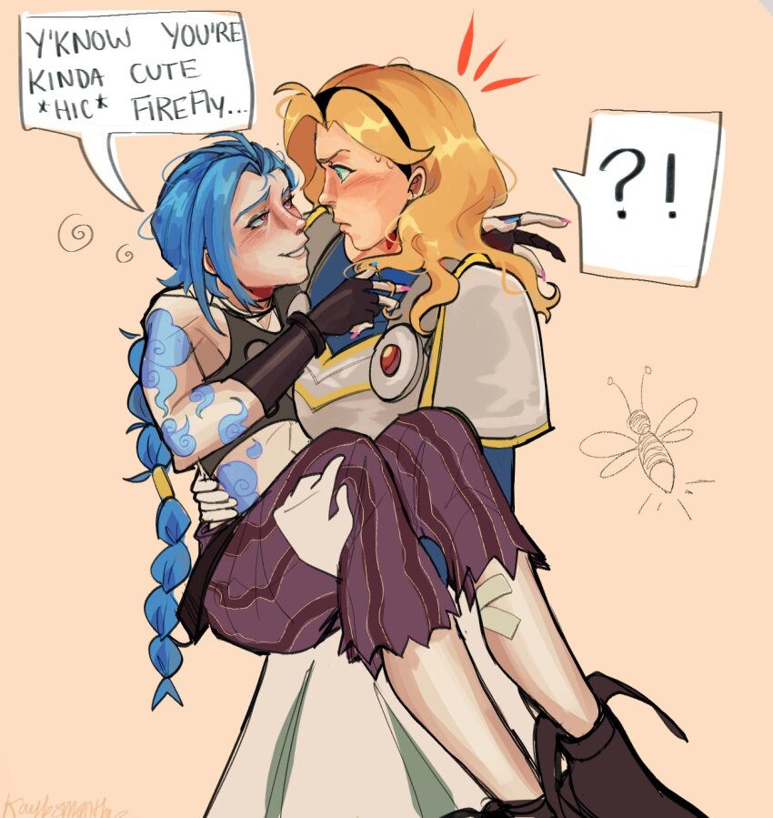 2girls arcane:_league_of_legends arcane_jinx arm_tattoo armor asymmetrical_bangs bare_shoulders blonde_hair blue_eyes blush breasts carrying cloud_tattoo gloves hairband hiccup highres jinx_(league_of_legends) kaybsmoothie league_of_legends long_hair lux_(league_of_legends) medium_breasts multiple_girls pants pink_pants princess_carry shoulder_tattoo skirt smile stomach_tattoo striped_clothes striped_pants tattoo yuri