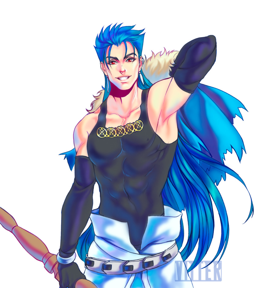 1boy arm_behind_back armpits artist_name belt biceps blue_hair bracelet capelet collarbone cu_chulainn_(caster)_(fate) cu_chulainn_(fate) cu_chulainn_(fate/stay_night) earrings elbow_gloves fangs fate/grand_order fate_(series) fur-trimmed_capelet fur_trim gloves grin highres holding holding_staff jewelry long_hair looking_at_viewer male_focus multiple_piercings pectorals red_eyes removing_cape simple_background skin_tight slit_pupils smile solo spiked_hair staff tank_top type-moon vitter white_background