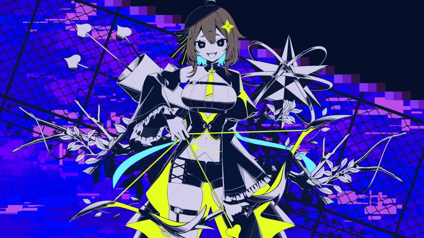 1girl :d absurdres ahoge aqua_hair arrow_(projectile) asymmetrical_legwear barbed_wire blue_hair bow bow_(weapon) braid branch breasts brown_hair bug_(vocaloid) chain-link_fence chest_belt colored_inner_hair commentary_request covered_navel cowboy_shot cross-laced_clothes cross-laced_shorts cross-shaped_pupils detached_sleeves dress fence frilled_sleeves frills hair_bow hair_flaps hair_ornament half_capelet heart heart_arrow highres holding holding_arrow holding_bow_(weapon) holding_weapon indie_virtual_youtuber large_breasts leaf long_sleeves looking_at_viewer medium_hair meica_(vtuber) meica_(vtuber)_(1st_costume) mismatched_pupils multicolored_hair necktie neon_palette o-ring o-ring_thigh_strap open_mouth pendant_choker phzimi000 polyhedron puffy_long_sleeves puffy_sleeves quiver sharp_teeth shirt short_shorts shorts single-shoulder_shirt single_braid skindentation sleeveless sleeveless_dress sleeveless_shirt smile solo sprout-shaped_pupils sprout_pendant star_(symbol) star_hair_ornament symbol-shaped_pupils teeth thigh_strap thighhighs virtual_youtuber weapon wide_sleeves