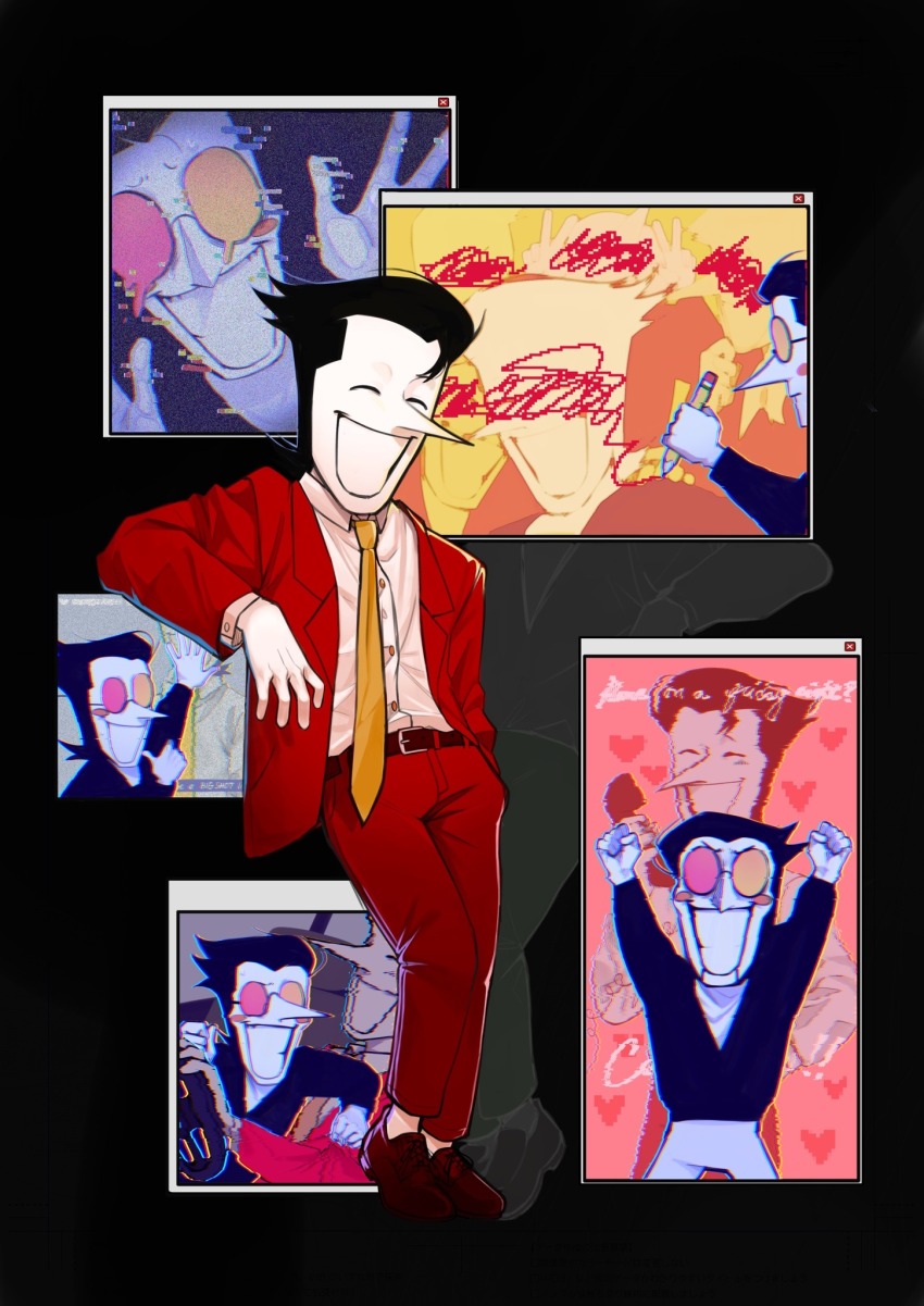 1boy belt black_hair black_shirt blush_stickers censored collared_shirt colored_skin commentary deltarune english_commentary glitch hand_in_pocket heart heterochromatic_eyewear highres holding holding_pencil jacket male_focus minominoks multiple_views necktie open_clothes open_jacket pants pencil pointy_nose red_belt red_jacket red_pants red_shoes round_eyewear scribble_censor shirt shirt_tucked_in shoes short_hair smile spamton_g._spamton steering_wheel teeth tinted_eyewear white_pants white_shirt white_skin yellow_necktie