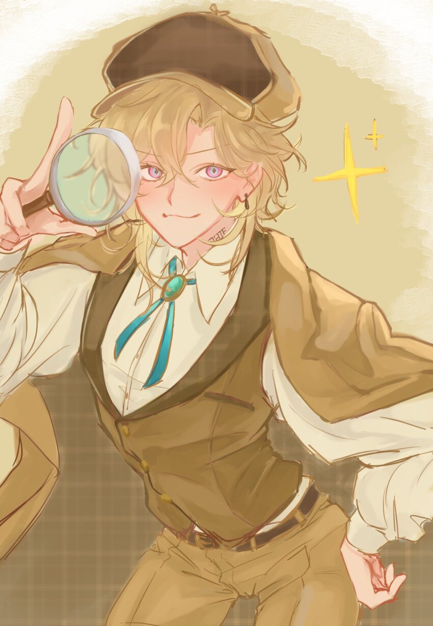 1boy alternate_costume aventurine_(honkai:_star_rail) belt blonde_hair bolo_tie collared_shirt cowboy_shot detective hair_between_eyes hand_up hat highres holding holding_magnifying_glass honkai:_star_rail honkai_(series) jacket long_hair long_sleeves looking_at_viewer magnifying_glass male_focus open_mouth pants purple_eyes shirt short_hair simple_background smile solo sparkle vest white_shirt yesyuka_nottoko