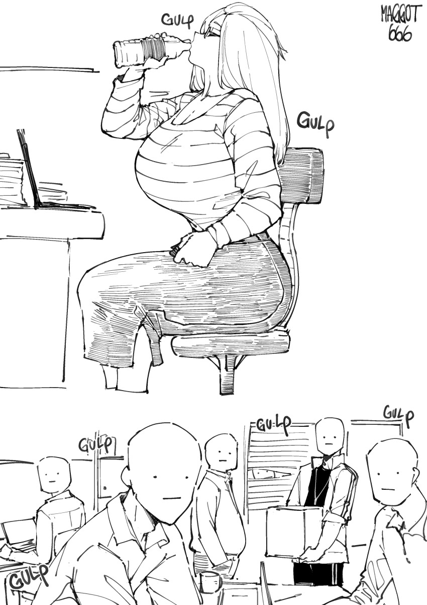 1girl absurdres artist_name bangs_pinned_back bottle breasts chair cleavage closed_eyes curvy drinking feet_out_of_frame folded_hair glasses greyscale gulping hair_pulled_back highres huge_breasts inne_sulistya_robin long_hair long_sleeves medium_skirt monochrome multiple_boys norman_maggot office office_chair original profile scoop_neck shirt shirt_tucked_in sitting skirt striped_clothes striped_shirt swivel_chair teacher water_bottle