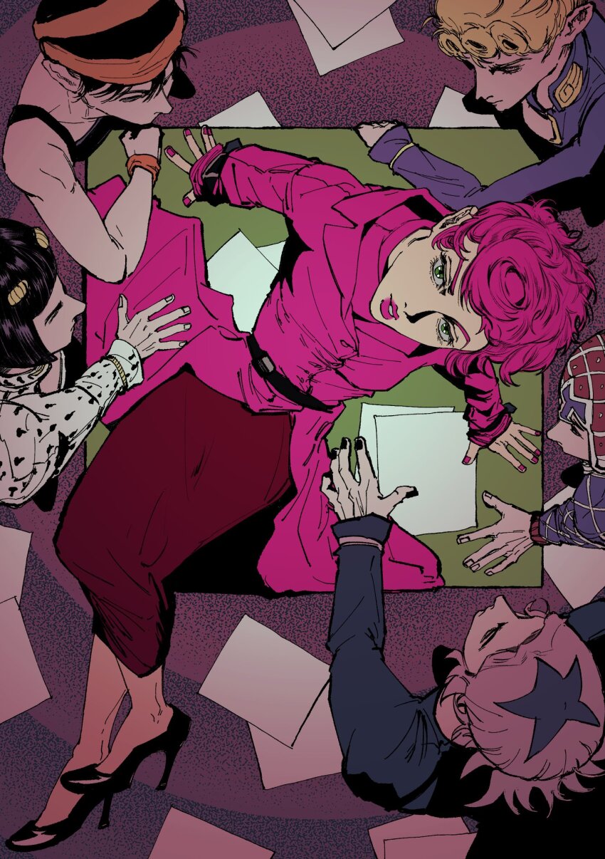 1girl 5boys bruno_bucciarati crossed_legs dress_suit giorno_giovanna guido_mista high_heels highres jojo_no_kimyou_na_bouken kimeohandream leone_abbacchio multiple_boys narancia_ghirga on_table pannacotta_fugo paper pink_hair sitting table trish_una vento_aureo
