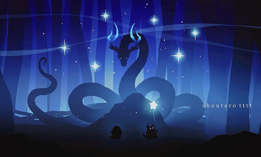 artist_name blue_theme creature dragon english_text forest glowing glowing_eyes highres horns hoshikui multiple_others nature night no_humans original outdoors shoutarou_(shoutarotttt) sparkle star_(sky) star_(symbol) tentacles