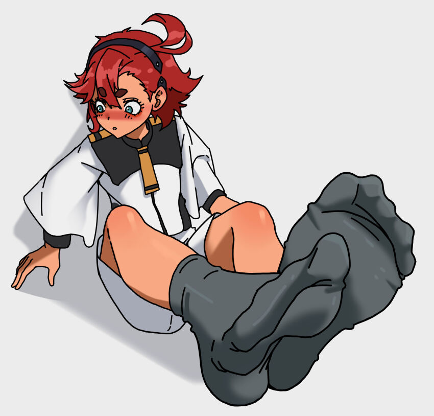 1girl absurdres black_socks blue_eyes blush feet gundam gundam_suisei_no_majo highres long_hair looking_to_the_side parted_lips paxa349 red_hair socks soles suletta_mercury toes