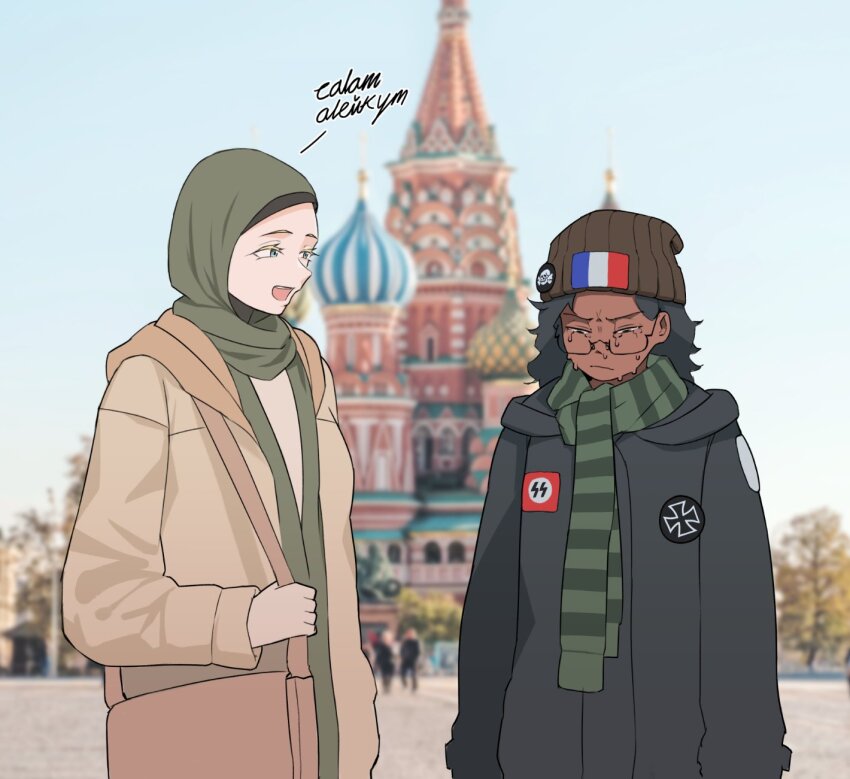 2girls 4chan animification annoyed bag beanie black_coat black_hair blonde_hair blue_eyes brown_bag brown_coat brown_headwear coat colored_eyelashes colored_skin commentary crying dark_skin derivative_work french_commentary french_flag frustrated glasses green_headwear green_hijab green_scarf hat highres hijab kremlin looking_at_another looking_down moscow multiple_girls original real_life red_square russian_text scarf shoulder_bag skull_and_crossbones smile ss_insignia st._basil&#039;s_cathedral standing striped_clothes striped_scarf sweat talking totenkopf translated two-tone_scarf vertical-striped_clothes vertical-striped_scarf white_skin yblndr