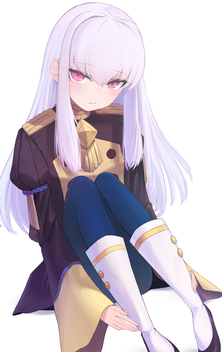 1girl absurdres blue_pantyhose blush buttons closed_mouth commentary_request dokon fire_emblem fire_emblem:_three_houses garreg_mach_monastery_uniform hair_between_eyes highres long_hair long_sleeves looking_at_viewer lysithea_von_ordelia nintendo pantyhose pink_eyes simple_background sitting smile solo white_background white_hair wide_sleeves