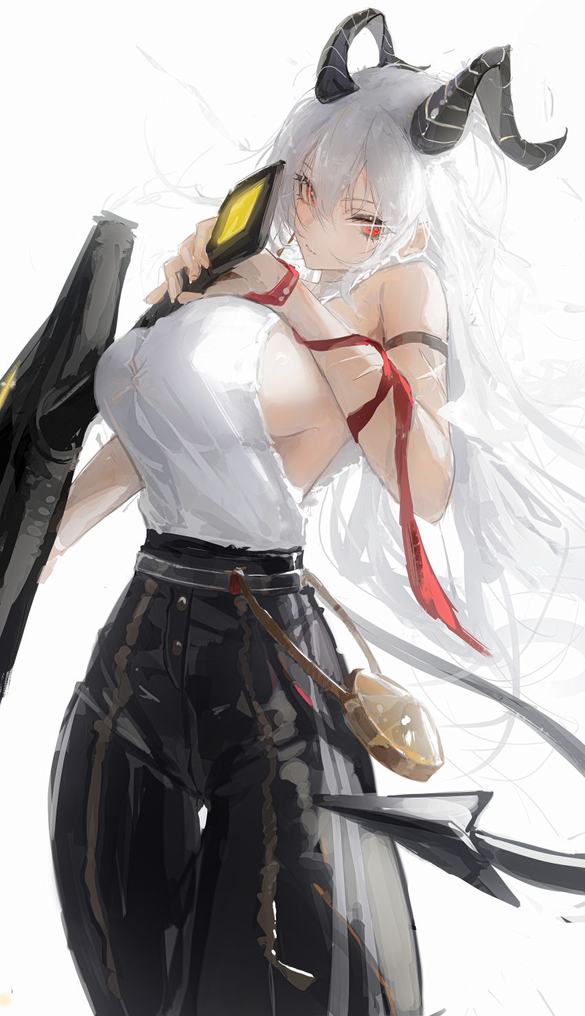 1girl absurdres armband bare_shoulders belt black_armband black_horns black_pants black_tail breasts closed_mouth commentary curled_horns greatsword high-waist_pants highres holding holding_sword holding_weapon horns huge_weapon large_breasts long_hair matsogum necktie_around_wrists pants red_eyes shirt sideboob sleeveless sleeveless_shirt solo sword tight_clothes tight_pants torn_clothes torn_shirt weapon white_background white_hair white_shirt wuthering_waves zani_(wuthering_waves)