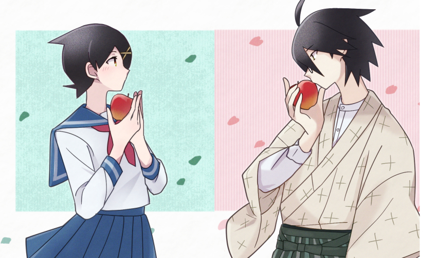 1boy 1girl ahoge apple aqua_background black_hair blue_sailor_collar blue_skirt cherry_blossoms facing_to_the_side food fruit fuura_kafuka glasses green_eyes hair_ornament hairclip hakama highres itoshiki_nozomu japanese_clothes kimono light_blush looking_at_another magusagari neckerchief pink_background pleated_skirt red_neckerchief sailor_collar sayonara_zetsubou_sensei school_uniform serafuku shosei skirt teacher_and_student three-toned_background upper_body white_background