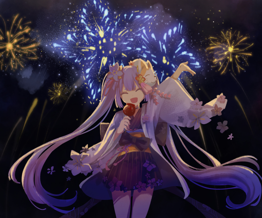 1girl :d absurdres azusa_(vtuber) virtuareal_link black_kimono blue_hair candy_apple endeavour_heart fireworks flower food fox_mask hair_flower hair_ornament hair_ribbon hand_up highres holding holding_food japanese_clothes kimono long_hair mask mask_on_head night night_sky nijisanji obi open_mouth red_ribbon ribbon sash sky smile solo twintails virtual_youtuber virtuareal