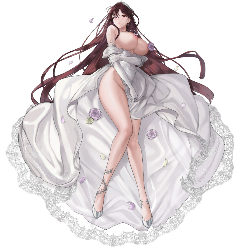 1girl areola_slip armpit_crease asymmetrical_dress asymmetrical_legwear bare_legs bare_shoulders blue_eyes blush breasts breasts_out brown_eyes convenient_censoring covered_navel defeat dress dress_tug earrings elbow_gloves flower flower_censor frilled_dress frills full_body game_cg gem gloves hair_between_eyes heterochromia high_heels highres holding_own_arm jewelry knees_together_feet_apart lace lace-trimmed_dress lace_trim large_breasts last_origin layered_dress leaf_print lips long_dress long_hair looking_at_viewer lying mel_(dodosae) necklace no_panties official_alternate_costume official_art on_back parted_lips petal_censor petals purple_flower purple_rose red_hair rose rose_petals see-through_clothes see-through_dress side_slit sideboob simple_background solo strapless strapless_dress tachi-e third-party_source tiara transparent_background underboob valkyrie_(last_origin) very_long_hair wedding_dress white_dress white_flower white_footwear white_gemstone white_gloves white_rose
