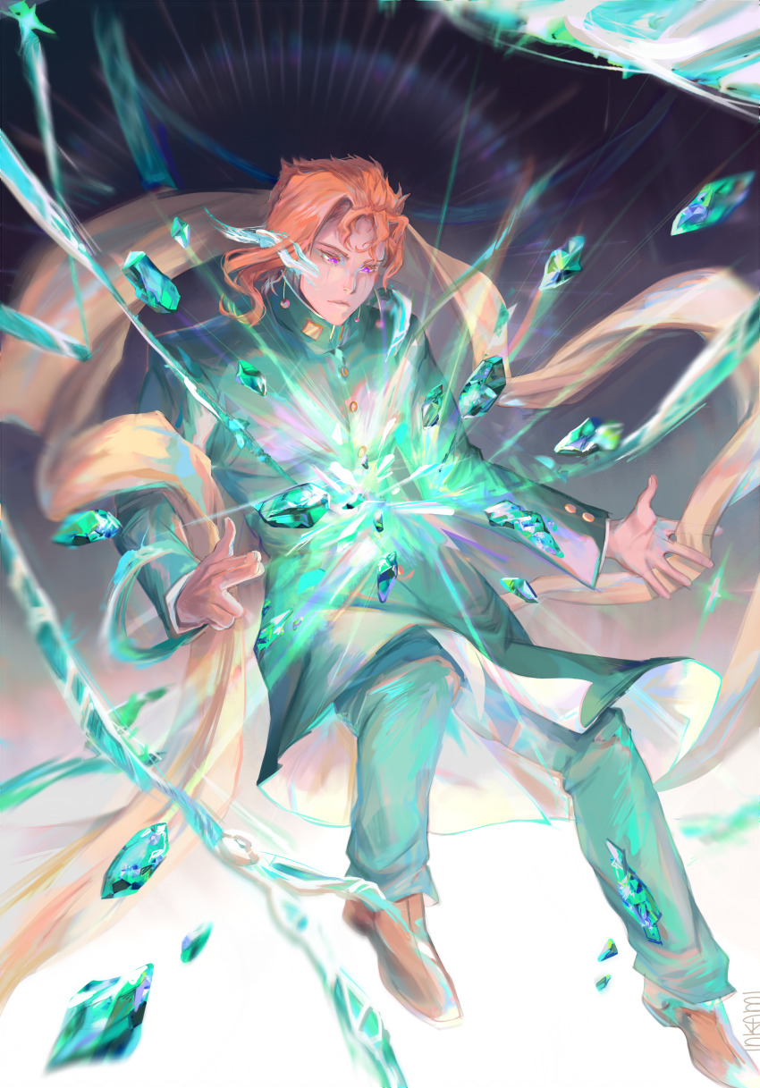 1boy absurdres brown_footwear cherry_earrings commentary earrings green_gemstone english_commentary food-themed_earrings food_themed_earrings full_body gakuran gem green_gakuran green_pants hagoromo highres ink-ami jewelry jojo_no_kimyou_na_bouken kakyoin_noriaki male_focus pants red_hair school_uniform shawl solo
