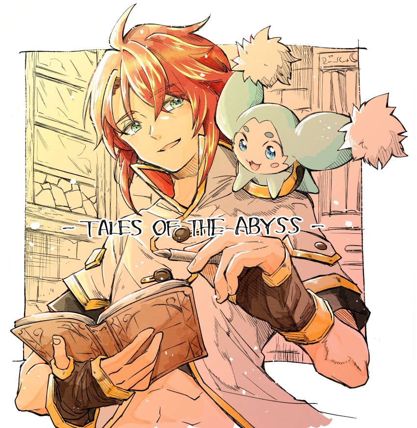 1boy abs absurdres black_skirt book brown_gloves buttons creature cropped_jacket cropped_shirt diary fingerless_gloves gloves green_eyes high_collar highres holding holding_book holding_pencil indoors jacket kudou_makoto looking_at_another luke_fon_fabre mieu_(tales) open_mouth pencil red_hair short_hair skirt tales_of_(series) tales_of_the_abyss upper_body white_jacket