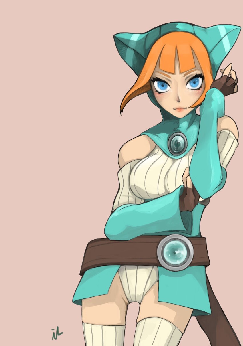 1girl absurdres animal_hood blue_eyes breasts breath_of_fire breath_of_fire_v cat_hood closed_mouth gloves highres hood iceplanet leotard lin_(breath_of_fire) looking_at_viewer medium_breasts orange_hair short_hair simple_background solo tail thighhighs white_leotard