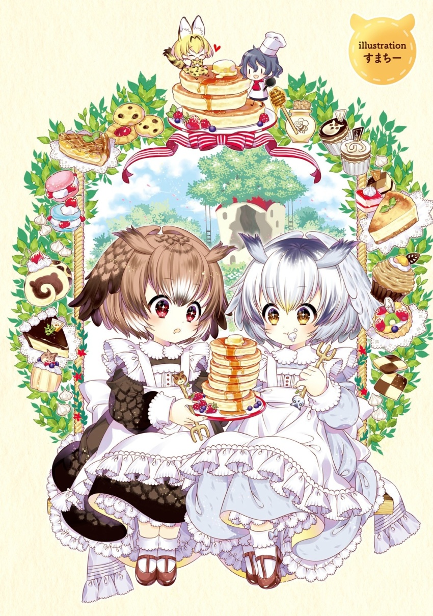 10s 4girls :o :t ^_^ adapted_costume alternate_costume alternate_eye_color alternate_headwear animal_ears animal_print apron artist_name ascot bee beige_background belt bird black_belt black_hair blonde_hair blue_sky blueberry blush bow bowtie brown_dress brown_eyes brown_footwear brown_hair bug building butter buttons cake center_frills checkerboard_cookie chef_hat cherry chestnut chestnut_mouth chibi chibi_inset chocolate_chip_cookie closed_eyes closed_mouth cloud collared_dress cookie cork cream cream_on_face cross-laced_clothes cupcake day dessert dot_nose dotted_line dress drooling eating english_text eurasian_eagle_owl_(kemono_friends) extra_ears eyelashes fang fingernails flower food food_on_face fork frilled_apron frilled_legwear frilled_ribbon frills fruit fruit_tart frying_pan full_body gradient_eyes gradient_hair grey_dress grey_hair grey_ribbon hair_between_eyes hat head_wings heart high-waist_skirt highres holding holding_fork honey honey_dipper honeypot insect japari_symbol kaban_(kemono_friends) kemono_friends kiwi_(fruit) ladder leaf legs_together light_brown_hair long_sleeves looking_down macaron mary_janes mini_person minigirl mont_blanc_(food) multicolored_eyes multicolored_hair multicolored_ribbon multiple_girls napkin no_arms no_nose northern_white-faced_owl_(kemono_friends) official_art on_swing open_mouth outdoors owl pancake petals petticoat pie plate pot print_bow print_bowtie print_neckwear print_skirt raspberry red_ascot red_eyes red_flower red_ribbon ribbon rope serval_(kemono_friends) serval_tail shirt shoes short_hair sitting sitting_on_food skirt sky sleeve_cuffs sleeveless sleeveless_shirt smile socks sparkling_eyes standing star-shaped_pupils star_(symbol) strawberry striped_ribbon striped_tail sumachii sweets swing swiss_roll symbol-shaped_pupils tail tareme tart_(food) thumbprint_cookie tree two-tone_stripes wavy_mouth whipped_cream white_apron white_bow white_hair white_hat white_legwear white_ribbon white_shirt wind window wings yellow_eyes |_|