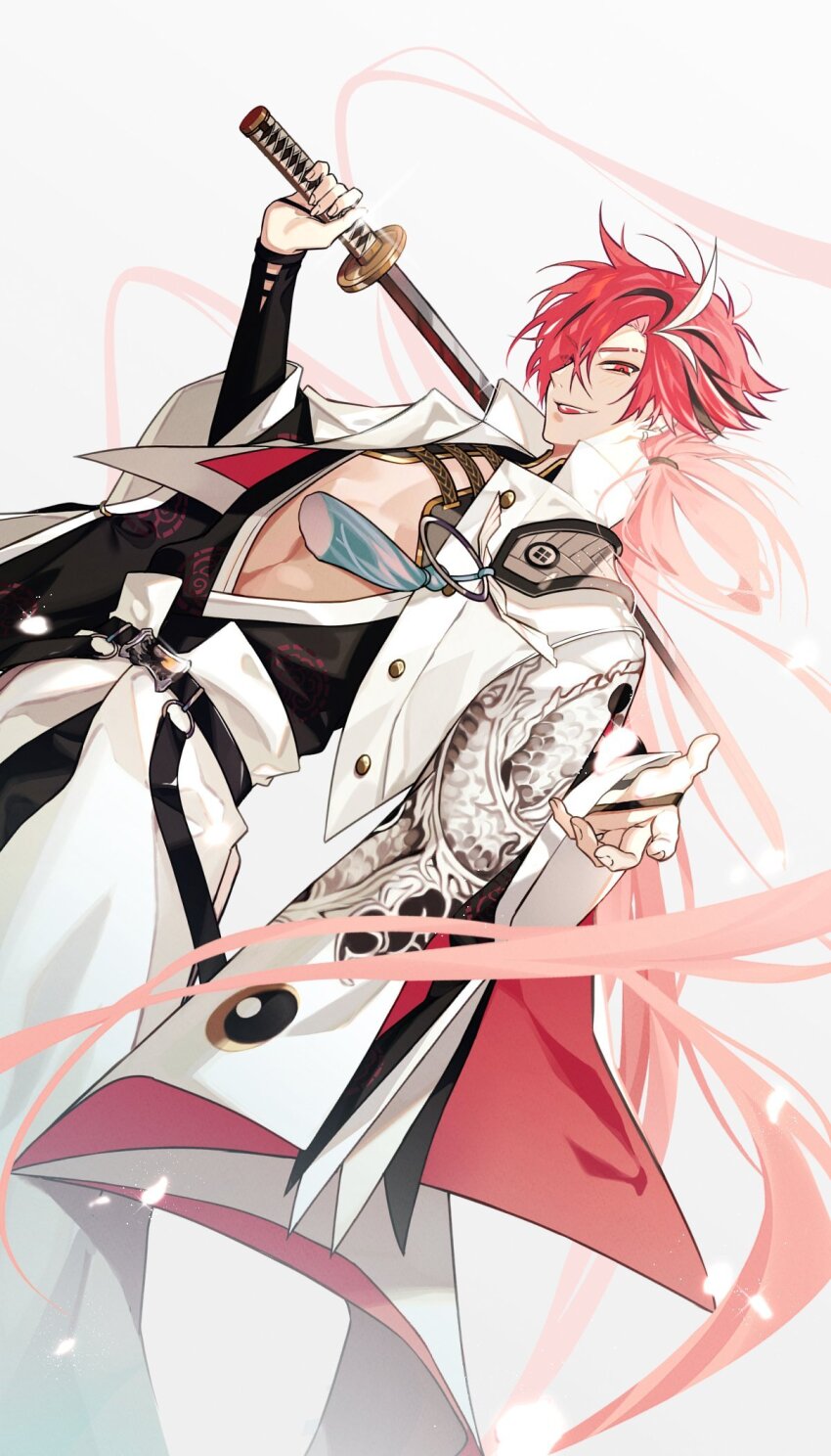 1boy belt black_hair earrings eyebrow_cut fate/grand_order fate_(series) hair_over_one_eye highres holding holding_sword holding_weapon jacket japanese_clothes jewelry katana kimono long_hair long_sleeves looking_at_viewer male_focus multicolored_hair open_mouth over_shoulder ponytail red_eyes red_hair selloum simple_background smile solo streaked_hair sword sword_over_shoulder takasugi_shinsaku_(fate) weapon weapon_over_shoulder white_background white_hair white_jacket wide_sleeves