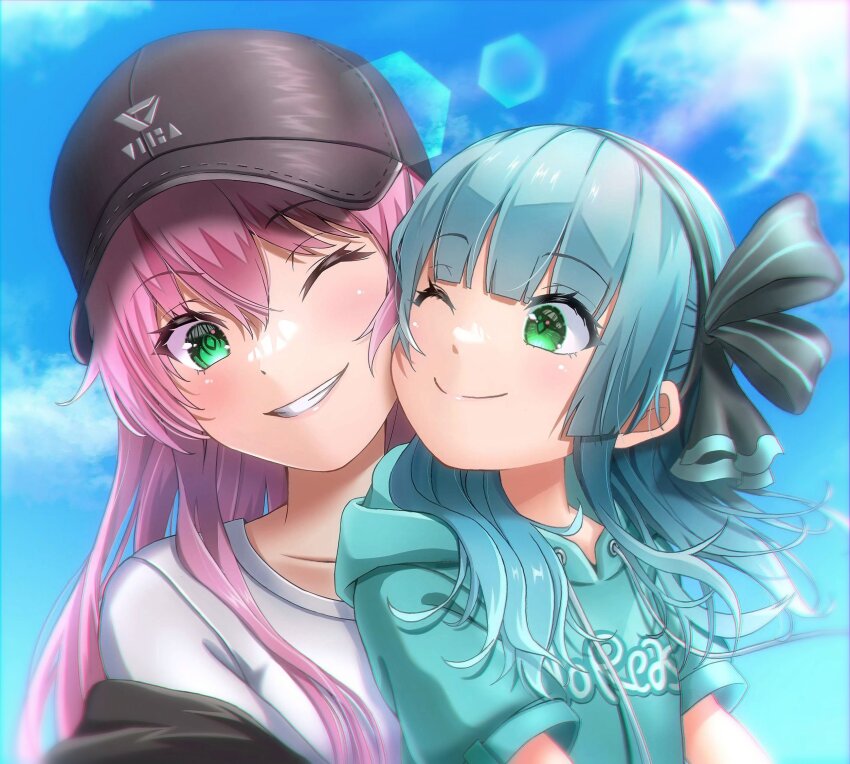 2girls aikawa_megumi aqua_hoodie asaba_touka black_headwear bow green_eyes green_hair hair_between_eyes hat head_tilt heaven_burns_red highres hoodie jacket long_hair multiple_girls outdoors pink_hair ribbon rumi_(heaven_burns_red) shirt split_mouth team_31a_(heaven_burns_red) white_shirt