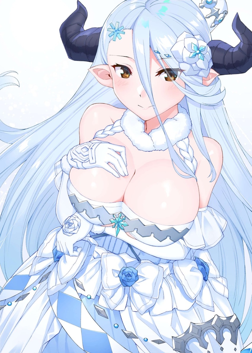 1girl arm_under_breasts bare_shoulders blue_hair blush breast_lift breast_suppress breasts brown_eyes cleavage draph dress elbow_gloves female_focus flower gloves granblue_fantasy hair_between_eyes hair_flower hair_ornament hand_on_own_chest highres horns izmir large_breasts light_blue_hair long_hair parted_bangs pointy_ears raitho smile solo swept_bangs upper_body very_long_hair white_dress white_gloves