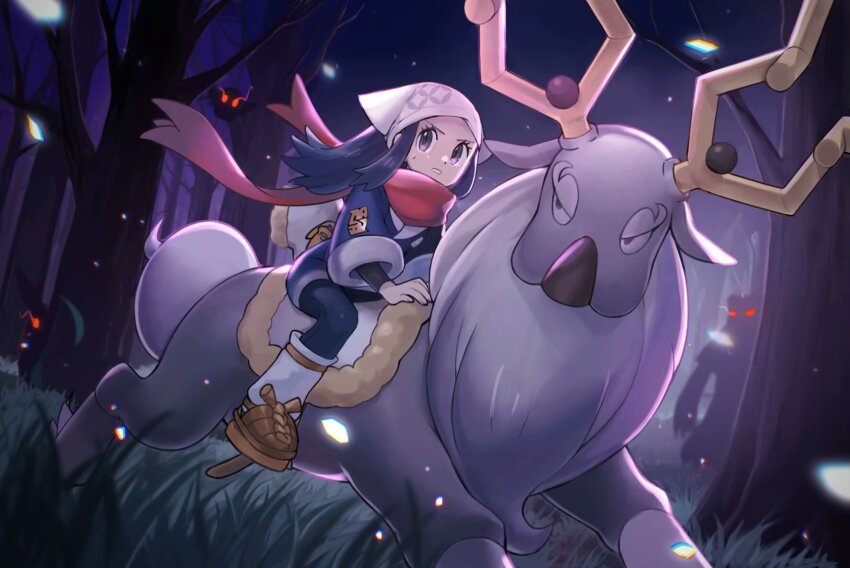 1girl akari_(pokemon) alpha_pokemon black_hair brown_shoes commentary_request eyelashes floating_scarf forest gen_2_pokemon glowing glowing_eyes grass grey_eyes headscarf highres jacket long_hair nature night nintendo outdoors pokemon pokemon_(creature) pokemon_legends:_arceus red_scarf riding riding_pokemon scarf shirt shoes sitting skirt socks sweatdrop teeth tree ursaring wyrdeer yibuzhai